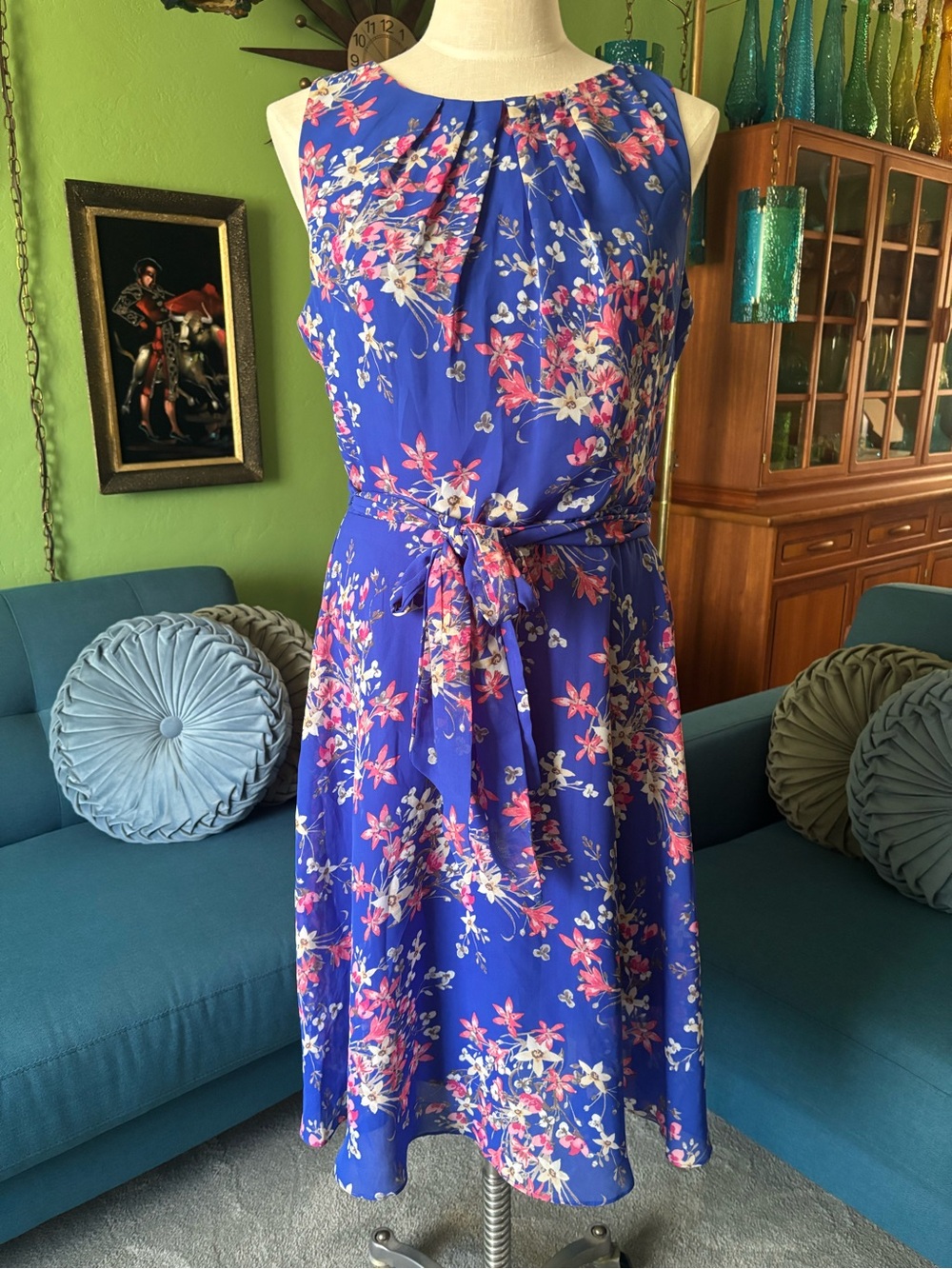 Floral Tie-Waist Midi Dress in Bright Blue